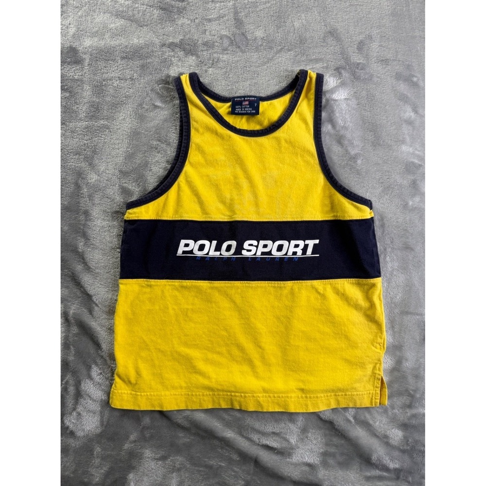 Vintage Polo Sport Ralph Lauren Boys Tank Top Size 7 Yellow Navy Colorblock Logo